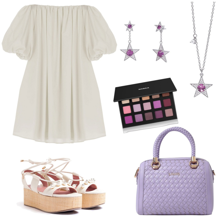 Outfit donna - Boho chic in miniabito. Stile Boho per Tutti i giorni. Abbinamento con ombretti, orecchini, collane, sandali col tacco, vestiti corti, borse a mano.