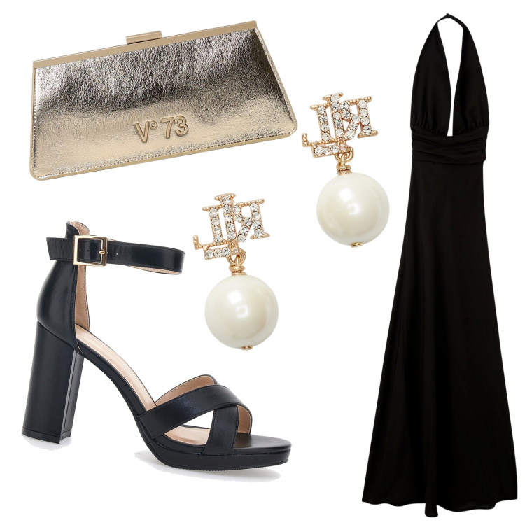 Outfit donna - Serata elegante. Stile Glamour per Serata fuori. Abbinamento con vestiti lunghi, orecchini, sandali col tacco, clutch.