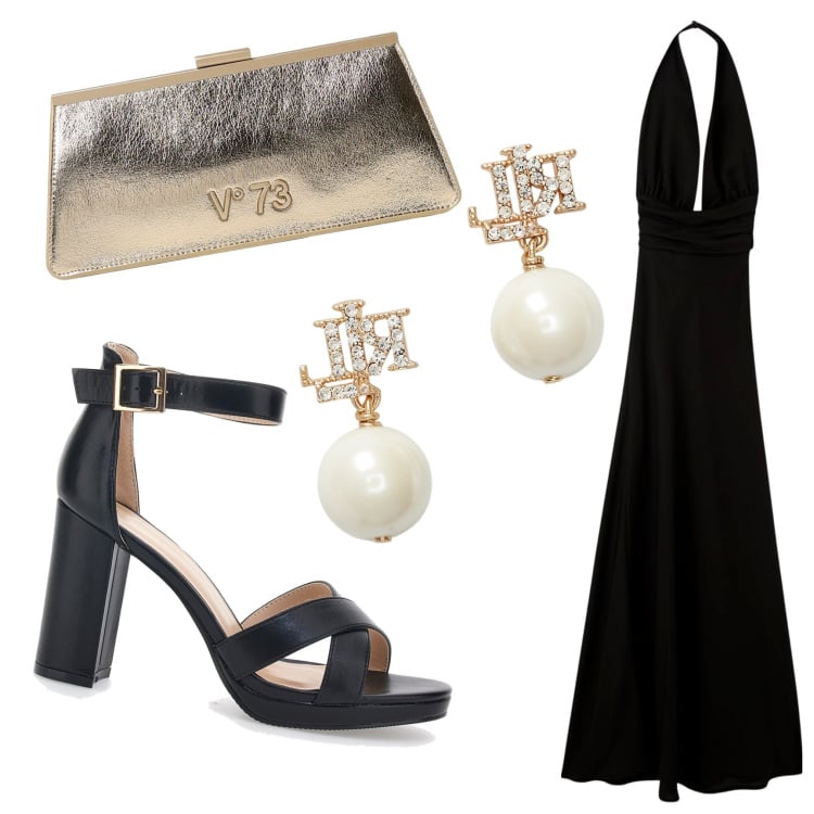 Outfit donna - Serata elegante. Stile Glamour per Serata fuori. Abbinamento con vestiti lunghi, orecchini, sandali col tacco, clutch.