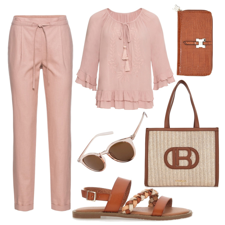Outfit donna - Fresca in rosa antico e cognac. Stile Boho per Tutti i giorni. Abbinamento con tuniche, pantaloni, occhiali da sole, sandali, borse a spalla, portafogli.