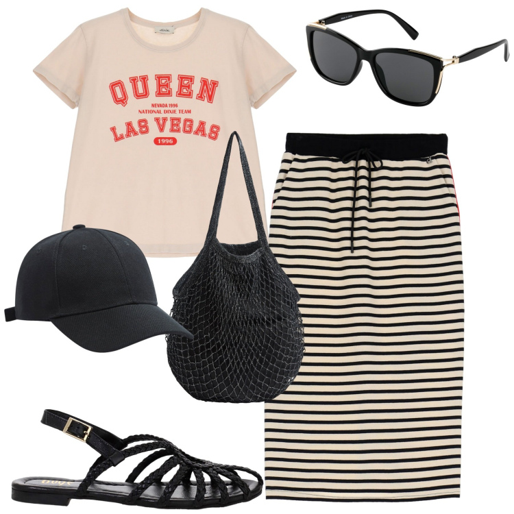 Outfit donna - Agosto. Stile Urban per Tutti i giorni. Abbinamento con occhiali da sole, cappelli, borse a tracolla, t-shirt, sandali, gonne longuette.