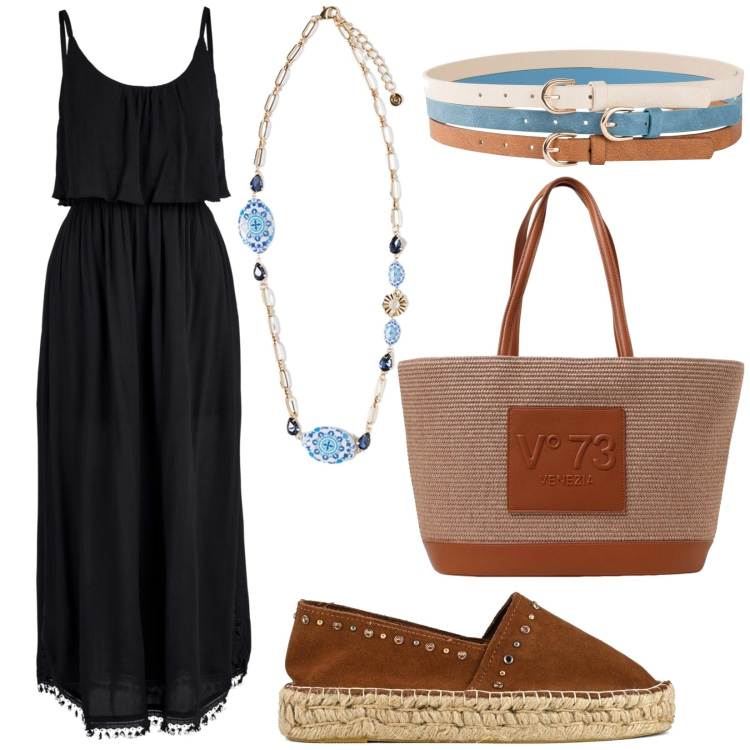 Outfit donna - Look da vacanza. Stile Boho per Tutti i giorni. Abbinamento con vestiti midi/longuette, cinture, ciondoli, borse a spalla, espadrillas.