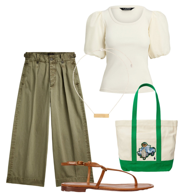 Outfit donna - Pantaloni ampi. Stile Bon Ton per Tutti i giorni. Abbinamento con pantaloni, t-shirt, sandali in pelle, borse tote, ciondoli.