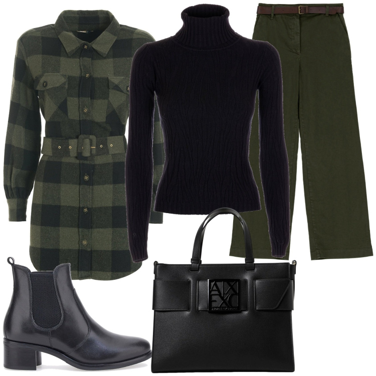 Outfit donna - Mi preparo al freddo. Stile Casual chic per Tutti i giorni. Abbinamento con pantaloni a palazzo, camicie, maglieria, stivaletti chelsea, borse a mano.