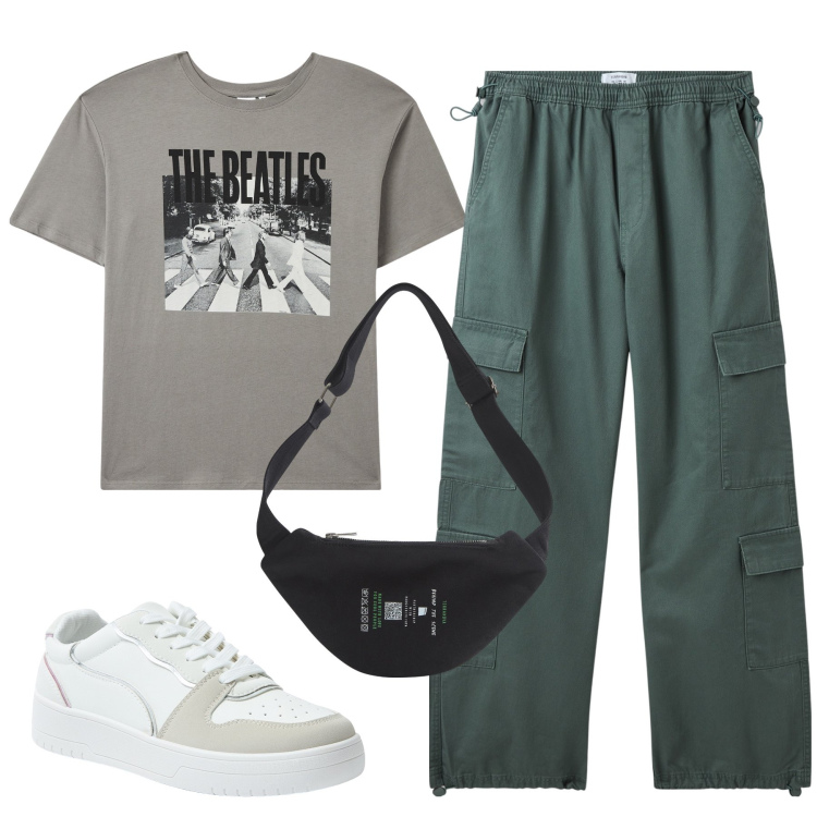 Outfit donna - Grigio e verde. Stile Urban per Tutti i giorni. Abbinamento con marsupi, pantaloni, t-shirt, sneakers.