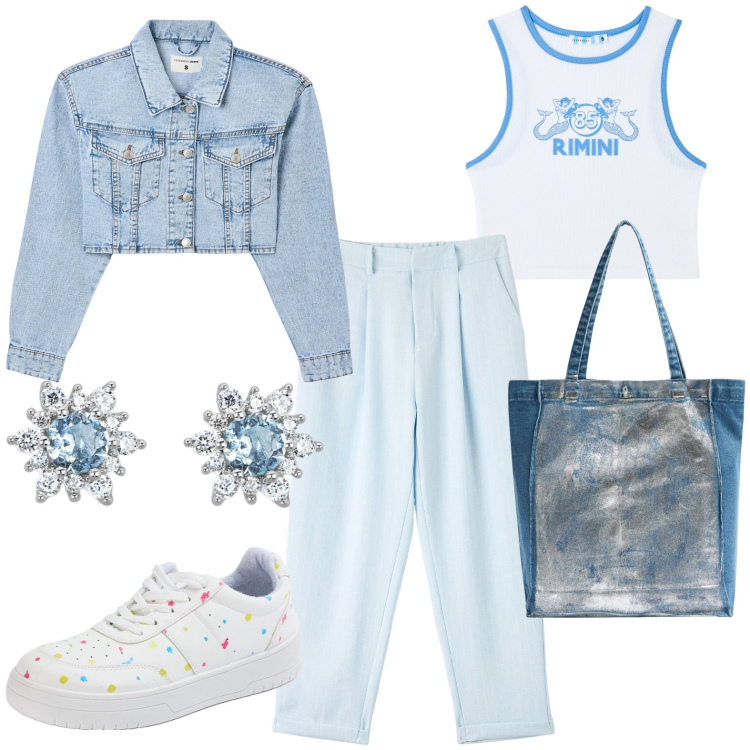 Outfit donna - Total look #1940330. Stile Casual per Tutti i giorni. Abbinamento con canottiere, sneakers, shopping bag, pantaloni chino, blazer, orecchini.