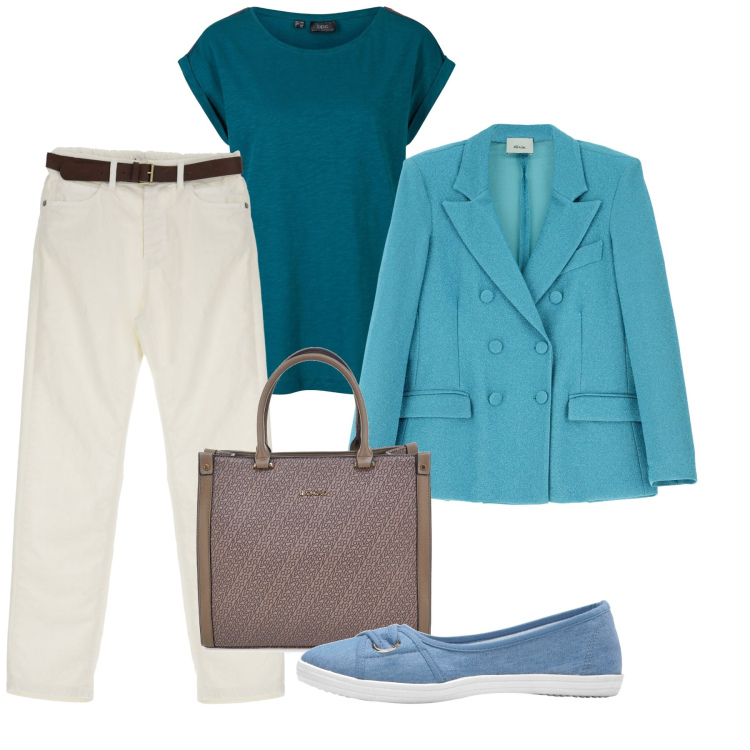 Outfit donna - Tous les jours. Stile Bon Ton per Ufficio. Abbinamento con ballerine, t-shirt, pantaloni, blazer, borse a mano.