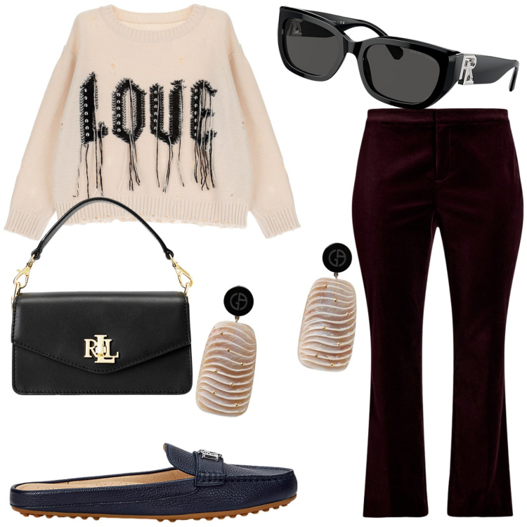 Outfit donna - Total look #1940339. Stile Casual per Ufficio. Abbinamento con occhiali da sole, borse a tracolla, sabot, pantaloni, maglieria, orecchini.
