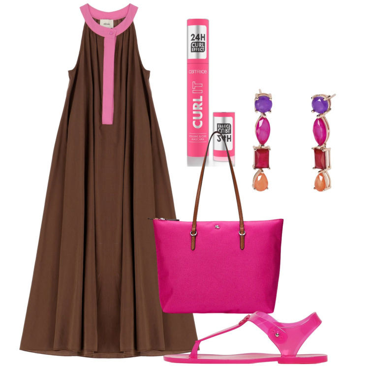 Outfit donna - Abito ampio e flat. Stile Bon Ton per Tutti i giorni. Abbinamento con mascara, orecchini, vestiti lunghi, borse tote, sandali.