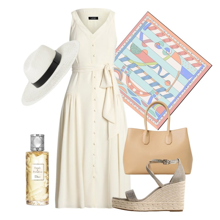 Outfit donna - Escale à Portofino. Stile Chic per Tutti i giorni. Abbinamento con profumi, vestiti senza maniche, sandali, foulard, cappelli, borse a mano.