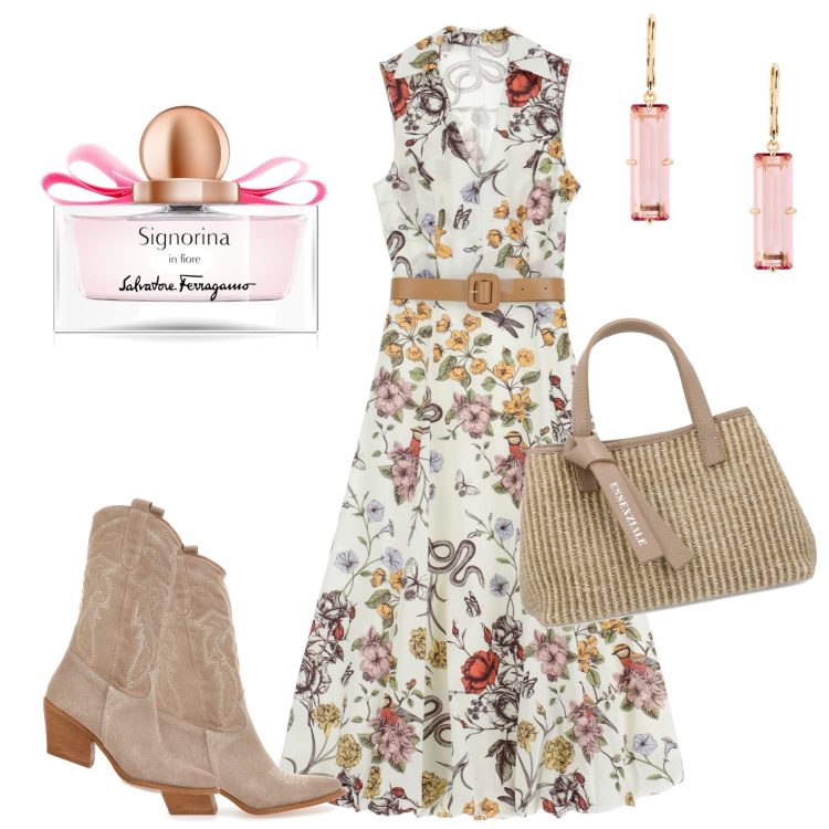 Outfit donna - Follia romantica. Stile Boho per Tutti i giorni. Abbinamento con profumi, vestiti lunghi, orecchini, stivali, borse a mano.