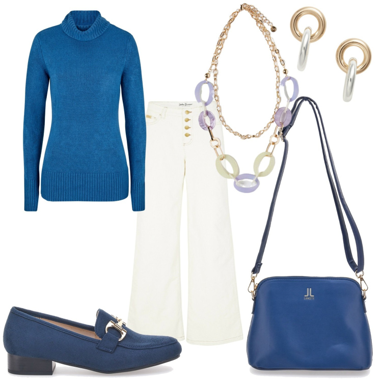 Outfit donna - Il pantalone bianco invernale. Stile Trendy per Tutti i giorni. Abbinamento con maglieria, pantaloni, orecchini, ciondoli, borse a tracolla, mocassini.