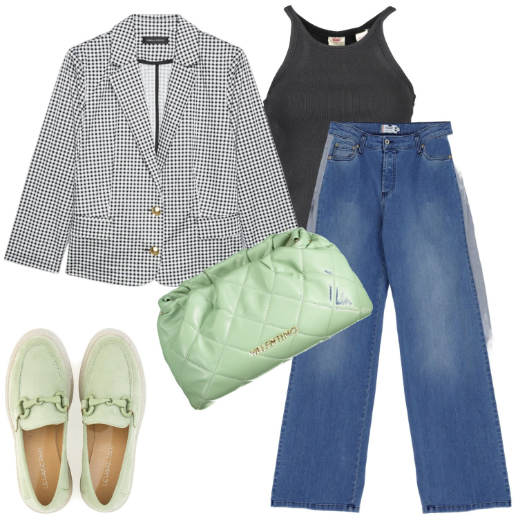 Outfit donna - Pensando a settembre. Stile Casual chic per Ufficio. Abbinamento con jeans dritti, mocassini, blazer, borse a spalla, camicie.