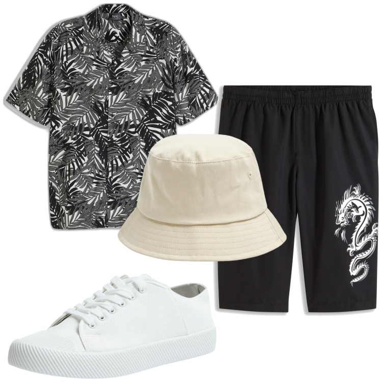 Outfit uomo - Total look #1940412. Stile Trendy per Tutti i giorni. Abbinamento con bermuda, camicie a manica corta, cappelli, sneakers.