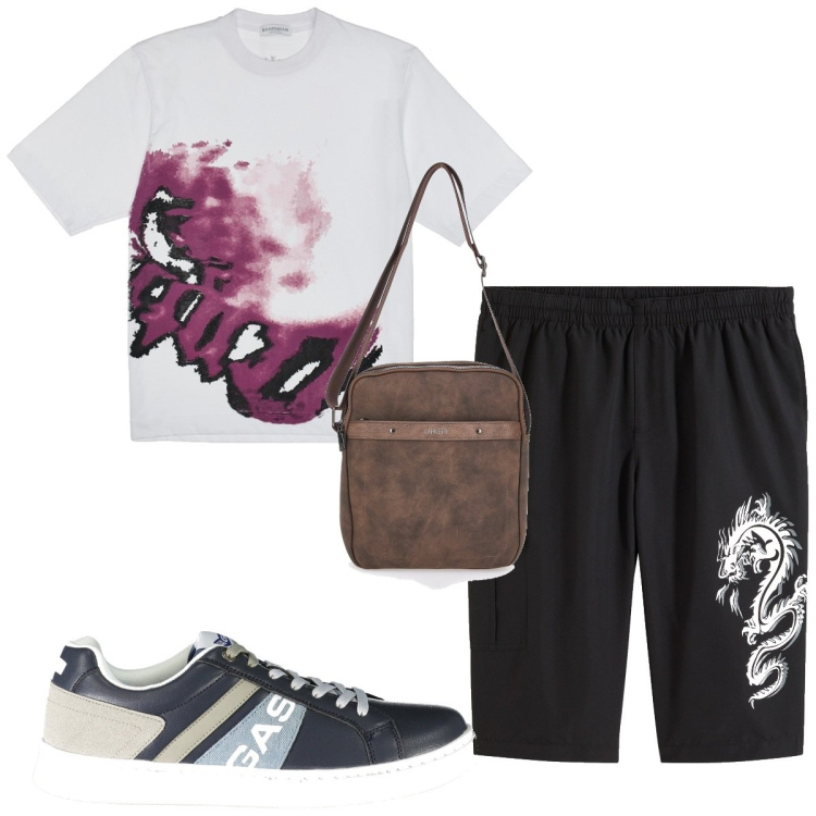 Outfit uomo - Total look #1940414. Stile Trendy per Tutti i giorni. Abbinamento con bermuda, t-shirt, sneakers, portafogli.
