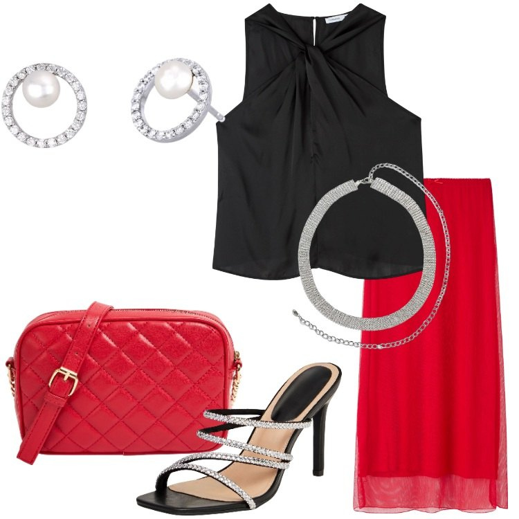Outfit donna - A cena fuori. Stile Chic per Serata fuori. Abbinamento con cinture, gonne lunghe, top, borse a tracolla, sandali col tacco, orecchini.