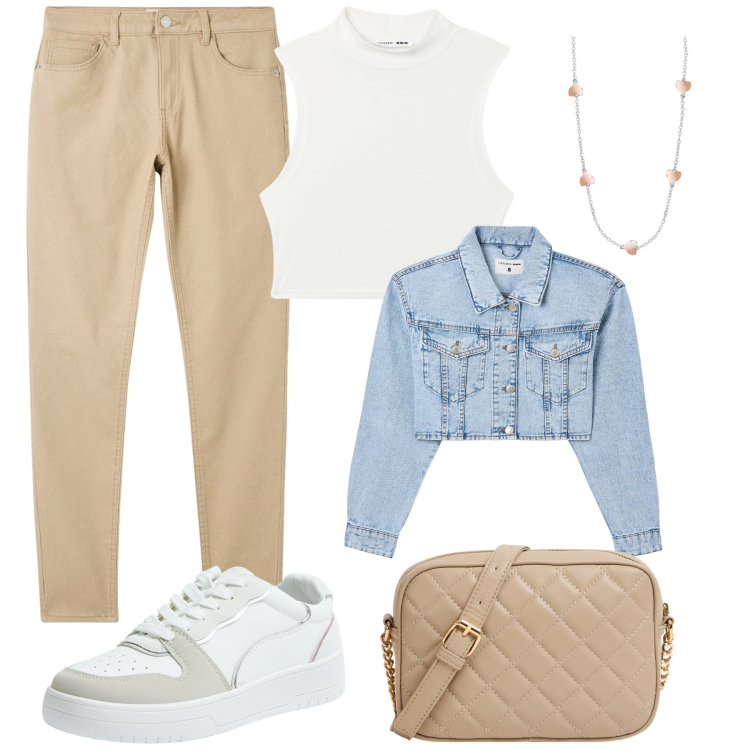 Outfit donna - Rientro al lavoro. Stile Casual chic per Ufficio. Abbinamento con blazer, pantaloni skinny, sneakers, top, borse a tracolla, collane.