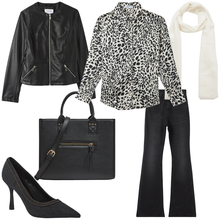 Outfit donna - rientro a lavoro. Stile Trendy per Tutti i giorni. Abbinamento con shopping bag, blazer, jeans a zampa, camicie, décolleté, sciarpe.
