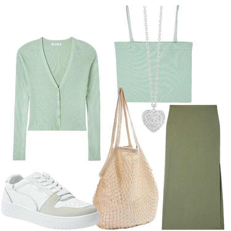 Outfit donna - Con la testa ancora in vacanza. Stile Casual chic per Tutti i giorni. Abbinamento con canottiere, gonne lunghe, cardigans, borse a spalla, sneakers, collane.