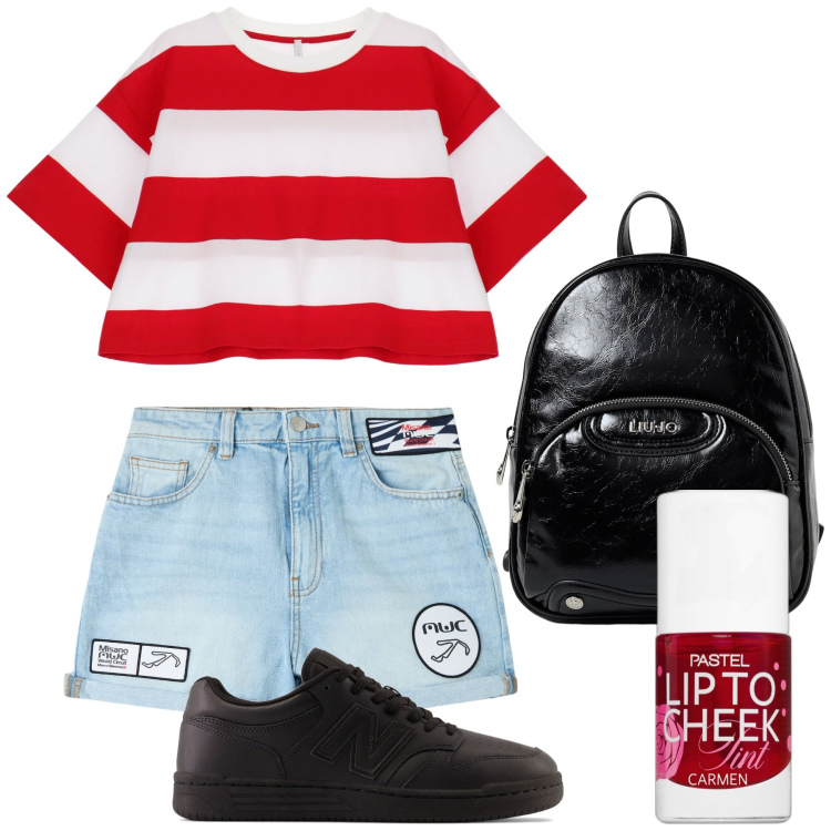 Outfit donna - In vacanza. Stile Basic per Tutti i giorni. Abbinamento con blush, shorts, sneakers, t-shirt, zaini.