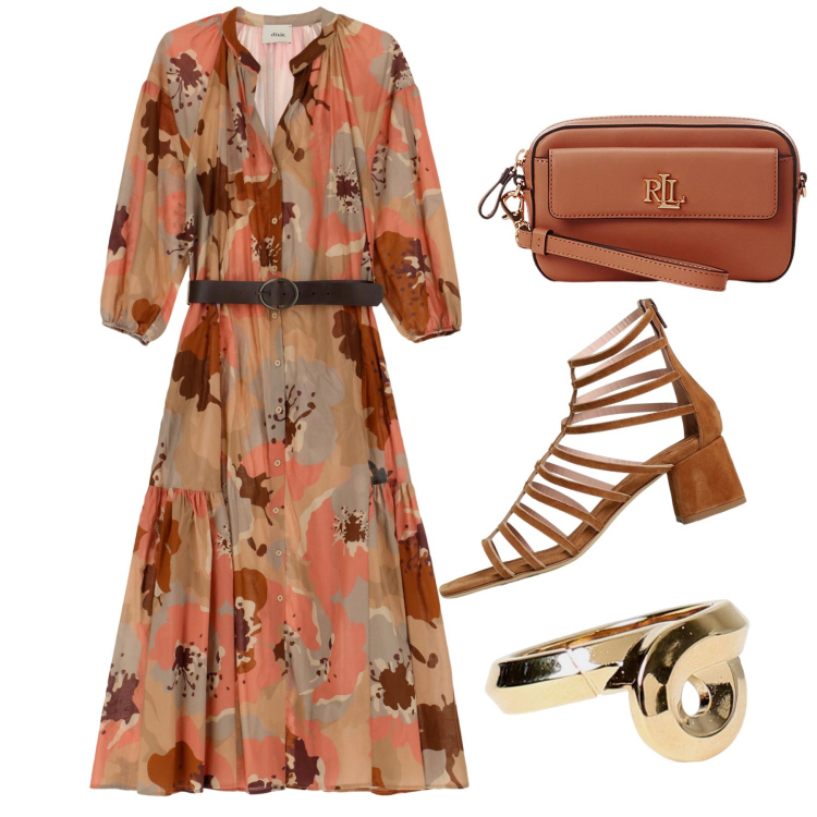 Outfit donna - In vista dell\' autunno. Stile Glamour per Ufficio. Abbinamento con vestiti midi/longuette, pochette, sandali col tacco, anelli.