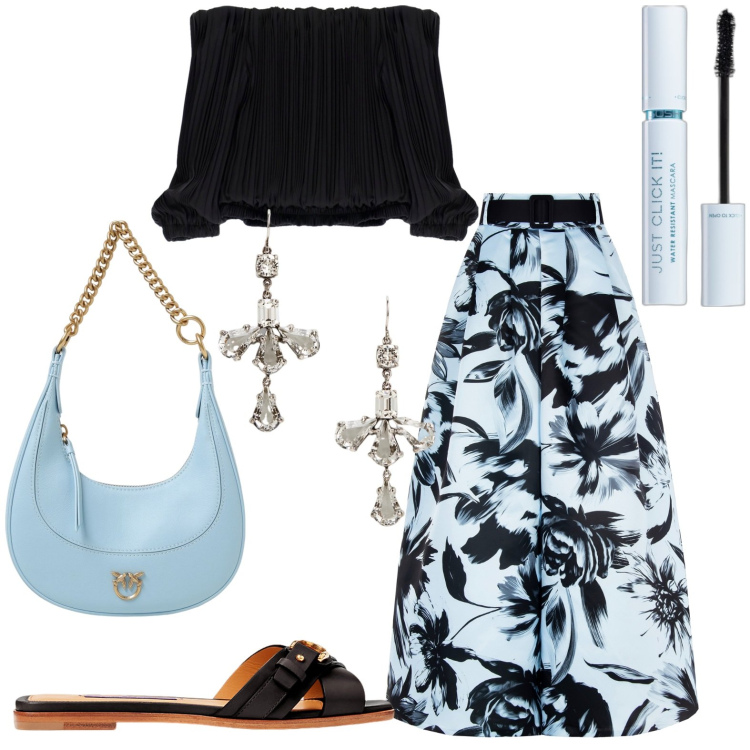 Outfit donna - Total look #1940490. Stile Casual chic per Tutti i giorni. Abbinamento con mascara, gonne, top, orecchini, sandali col tacco, borse a spalla.