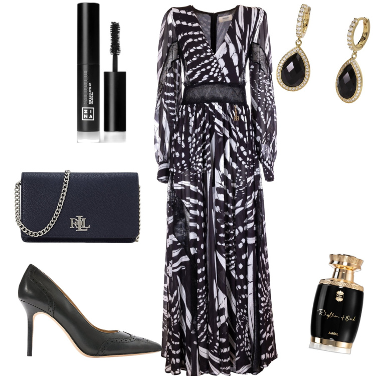 Outfit donna - Serata di inizio autunno. Stile Chic per Serata fuori. Abbinamento con profumi, mascara, orecchini, vestiti lunghi, décolleté, borse a mano.