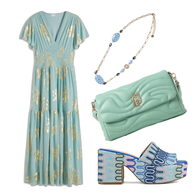 Outfit donna - Azzurra come il mare. Stile Boho per Serata fuori. Abbinamento con vestiti lunghi, sabot, ciondoli, borse a tracolla.