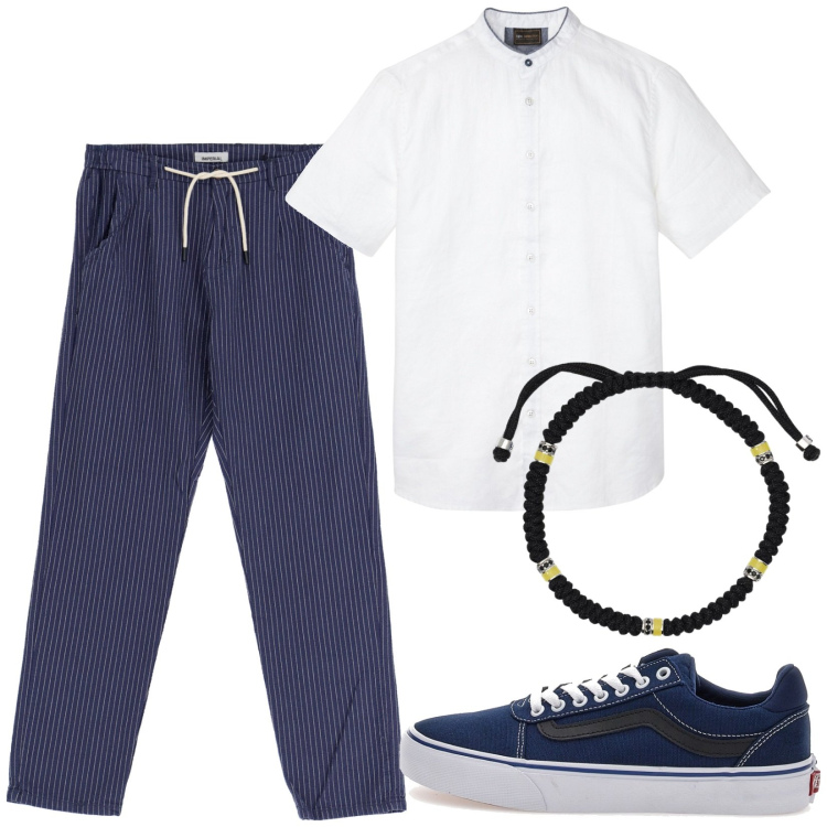Outfit uomo - Pantaloni a righe. Stile Casual per Tutti i giorni. Abbinamento con camicie a manica corta, braccialetti, pantaloni, sneakers.