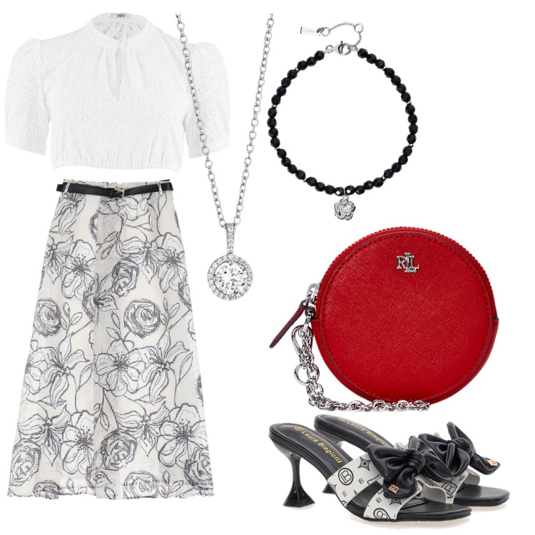 Outfit donna - Apetitivo in piazzetta. Stile Preppy per Mare. Abbinamento con camicie, collane, braccialetti, gonne lunghe, pochette, ciabatte.