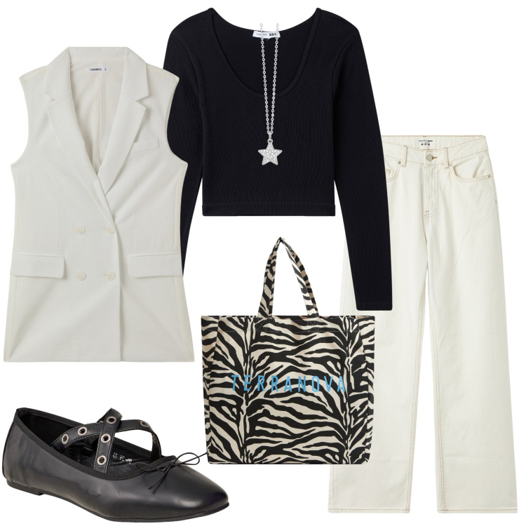 Outfit donna - Ritorno in ufficio. Stile Casual chic per Ufficio. Abbinamento con borse tote, ballerine, gilet, t-shirt, jeans, collane.
