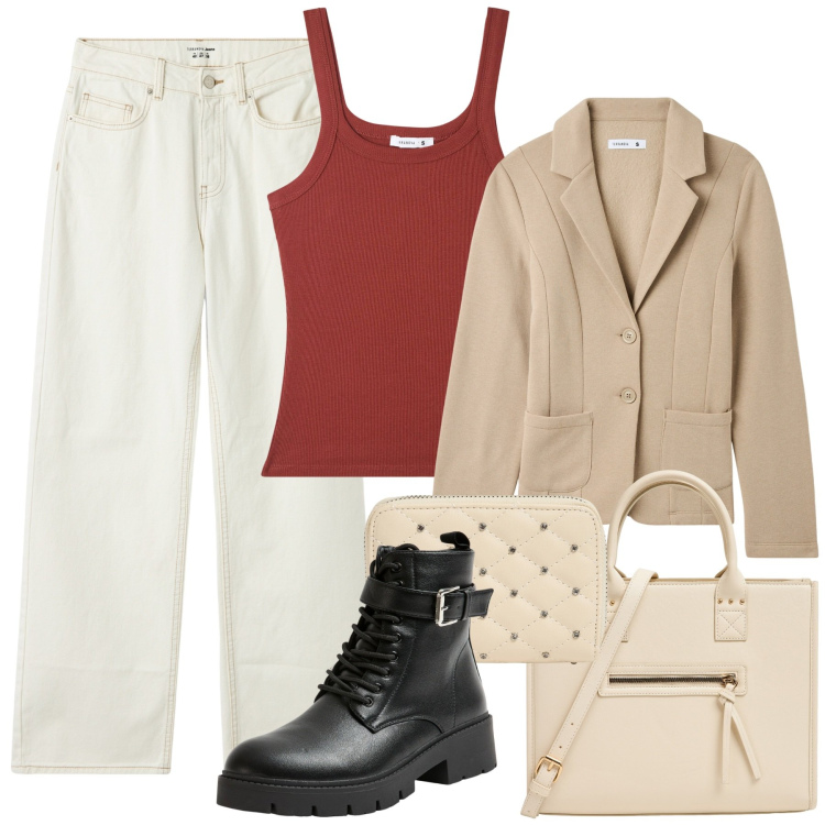 Outfit donna - Terranova - Back to. Stile Casual chic per Scuola/Università. Abbinamento con shopping bag, portafogli, canottiere, jeans, blazer, anfibi.