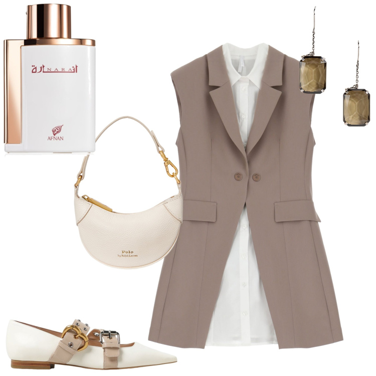 Outfit donna - It bag estiva. Stile Chic per Serata fuori. Abbinamento con profumi, vestiti senza maniche, portafogli, orecchini, ballerine.