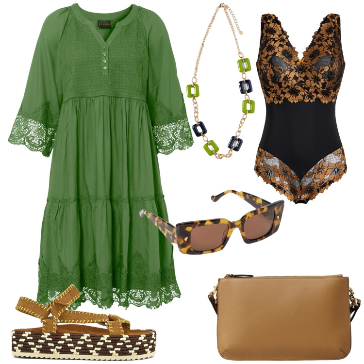 Outfit donna - Curvy Summer. Stile Boho per Serata fuori. Abbinamento con vestiti chemisier, body, ciondoli, sandali, occhiali da sole, borse a tracolla.