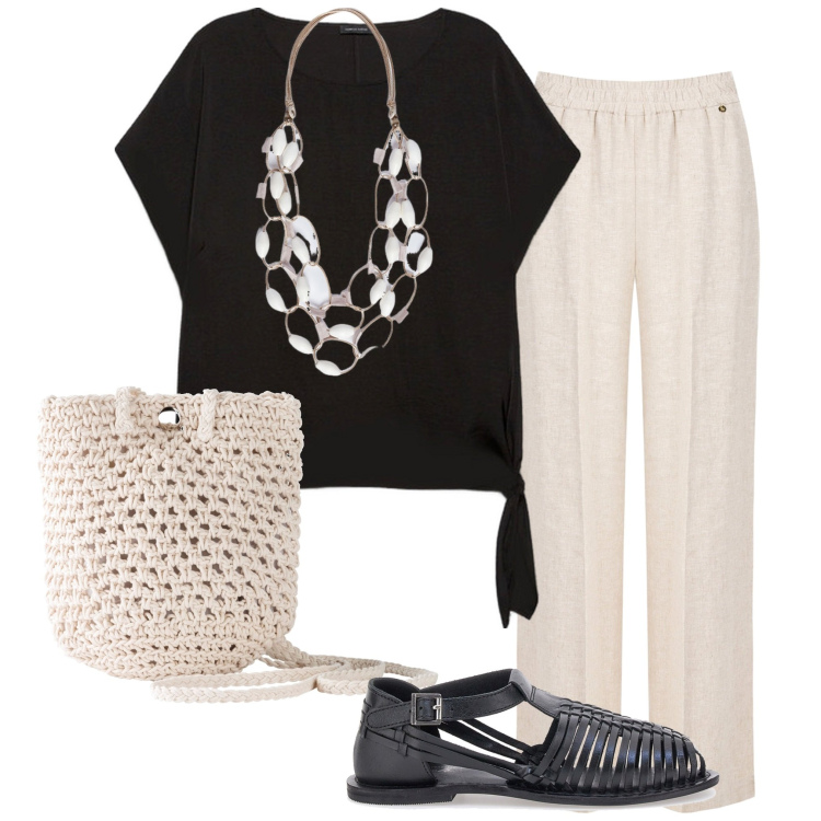 Outfit donna - Dettaglio in lino. Stile Boho per Serata fuori. Abbinamento con borse a tracolla, pantaloni, bluse, collane, sandali.