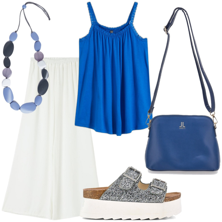 Outfit donna - Bianco e blu. Stile Boho per Tutti i giorni. Abbinamento con top, pantaloni, borse a tracolla, zeppe, collane.