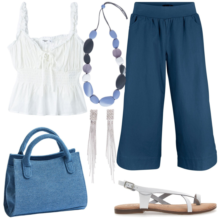 Outfit donna - Curvy Summer in lino. Stile Boho per Tutti i giorni. Abbinamento con pantaloni, orecchini, top, borse a tracolla, sandali, collane.
