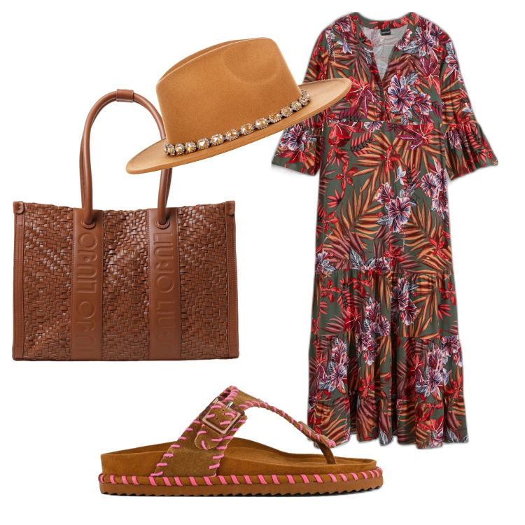 Outfit donna - il cappello e il vestito lungo. Stile Boho per Mare. Abbinamento con vestiti lunghi, cappelli, borse tote, ciabatte.