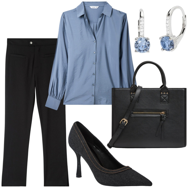 Outfit donna - Rientro a lavoro. Stile Chic per Ufficio. Abbinamento con shopping bag, pantaloni, camicie, décolleté, orecchini.