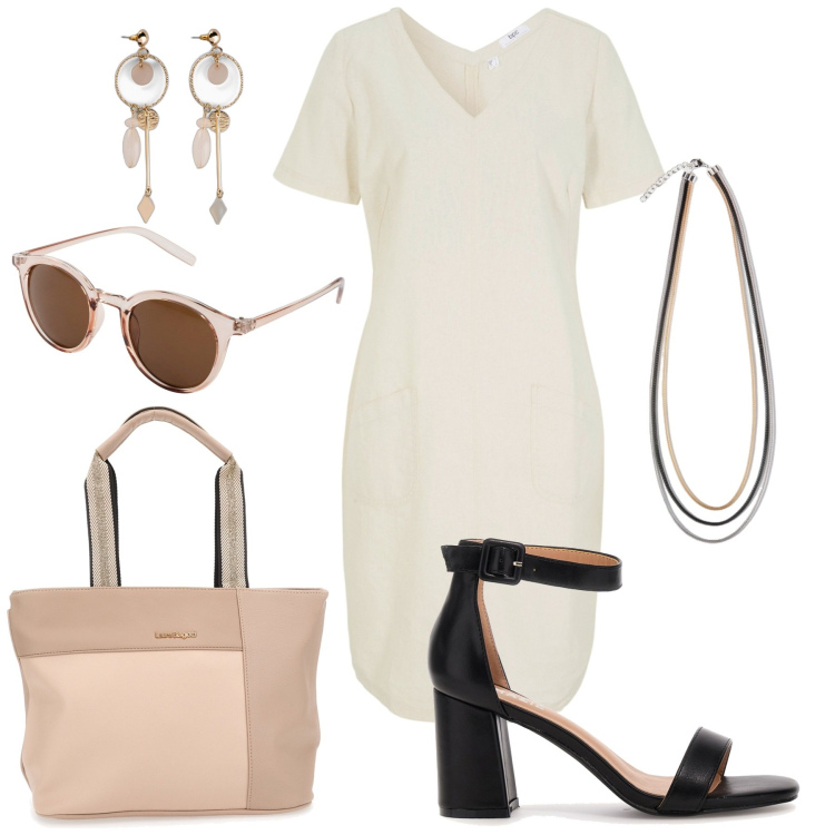Outfit donna - Abito in lino curvy style. Stile Boho per Tutti i giorni. Abbinamento con occhiali da sole, orecchini, vestiti midi/longuette, sandali col tacco, collane, borse a spalla.