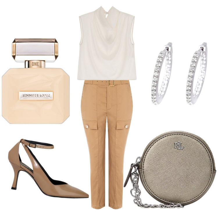Outfit donna - Tempo Libero. Stile Urban per Tutti i giorni. Abbinamento con profumi, orecchini, pantaloni cargo, top, décolleté, pochette.