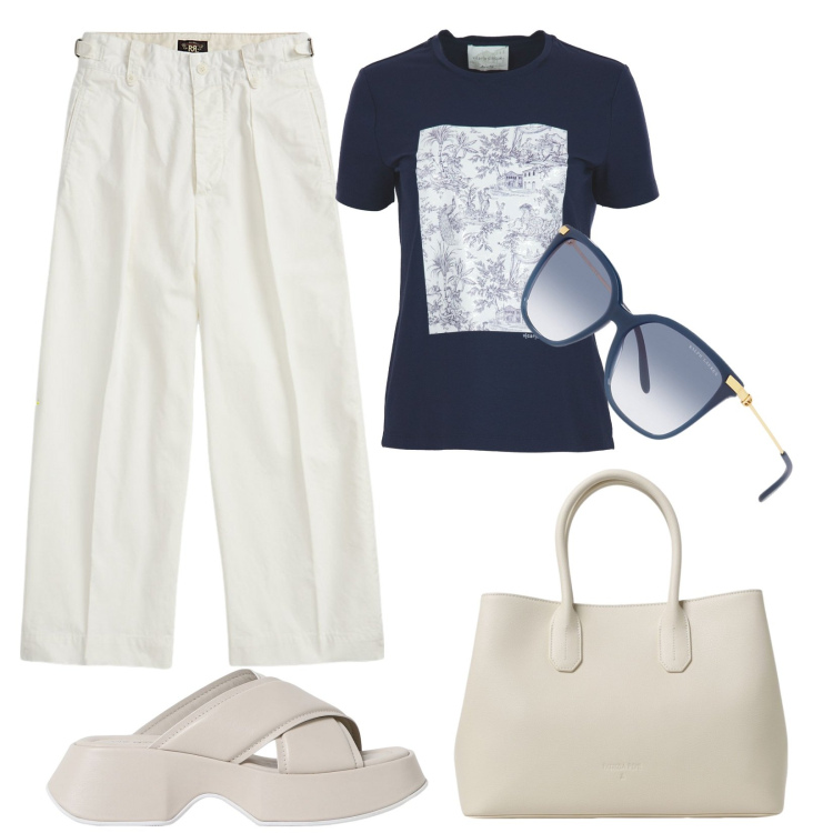 Outfit donna - Outfit nella mia valigia. Stile Casual per Tutti i giorni. Abbinamento con pantaloni, occhiali da sole, sandali, t-shirt, borse a mano.