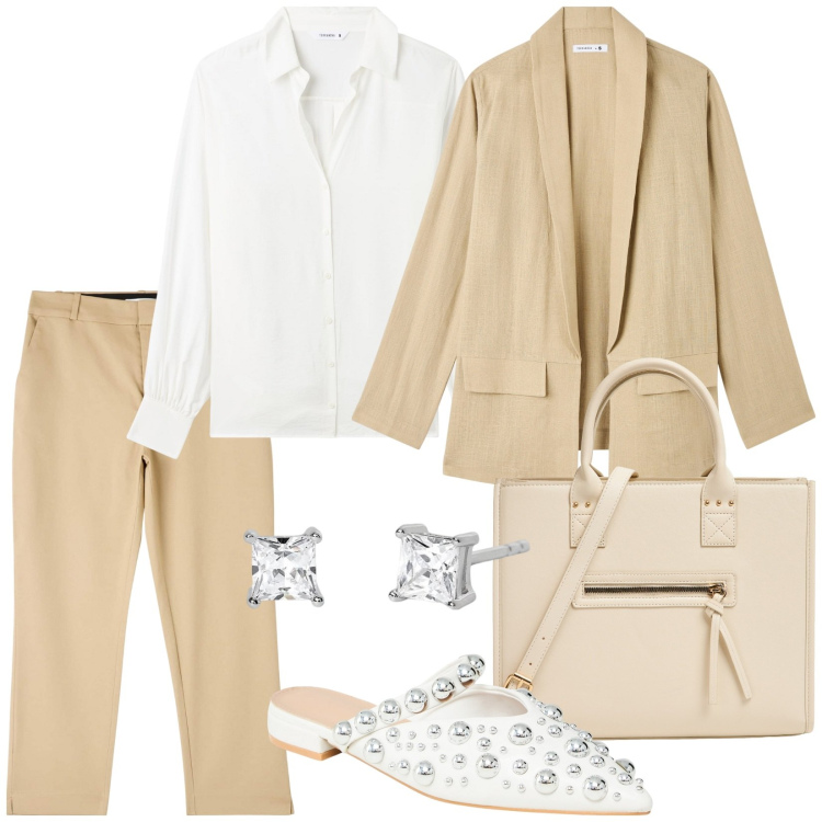 Outfit donna - Rientro in ufficio. Stile Chic per Ufficio. Abbinamento con pantaloni chino, ballerine, blazer, shopping bag, camicie, orecchini.