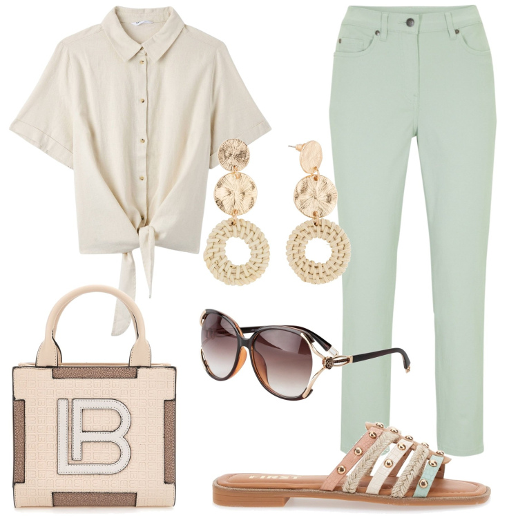 Outfit donna - Camicia in lino. Stile Boho per Tutti i giorni. Abbinamento con pantaloni, occhiali da sole, orecchini, camicie, ciabatte, borse a mano.