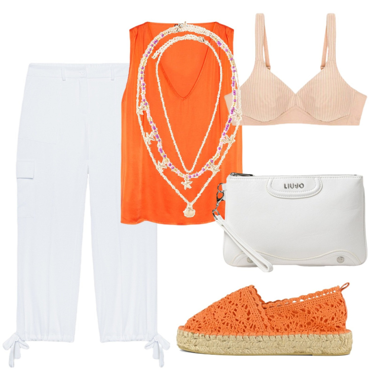 Outfit donna - Curvy - sostenibile leggerezza. Stile Boho per Tutti i giorni. look ideale per Petite. Abbinamento con ciondoli, espadrillas, top, reggiseni, pantaloni cargo, borse a tracolla.