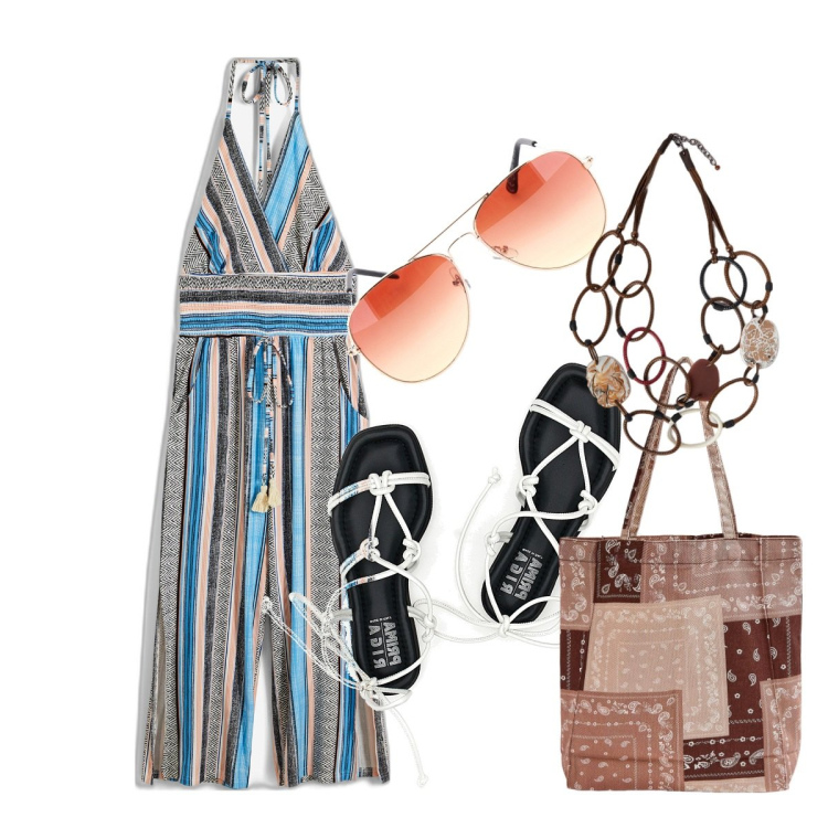 Outfit donna - Intrecci, nodi, nappe. Stile Boho per Tutti i giorni. Abbinamento con tute, shopping bag, collane, sandali, occhiali da sole.
