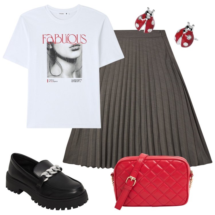 Outfit donna - T-shirt bianca e gonna grigia. Stile Urban per Tutti i giorni. Abbinamento con orecchini, t-shirt, gonne lunghe, mocassini, borse a tracolla.