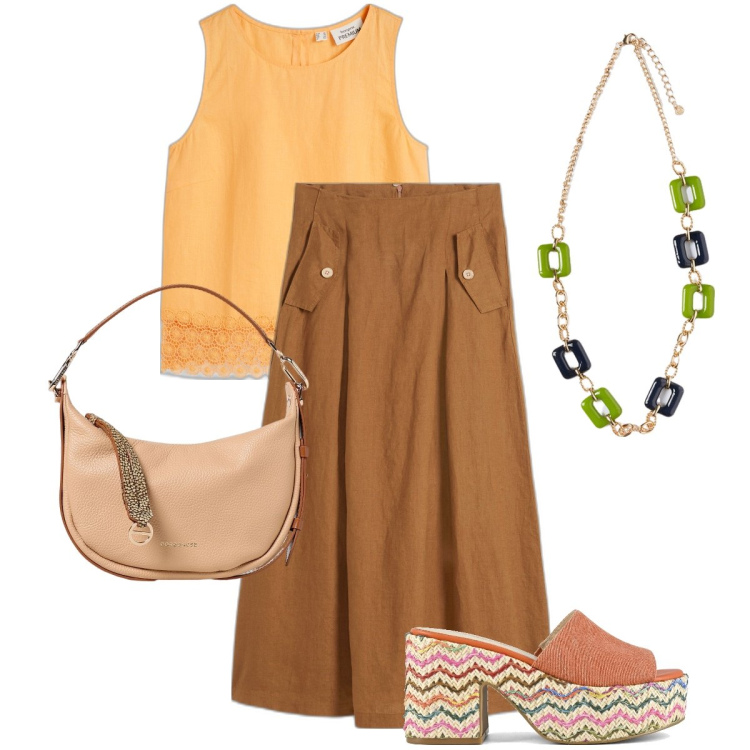 Outfit donna - Abbinamento in lino. Stile Boho per Tutti i giorni. Abbinamento con gonne, top, ciondoli, sandali, borse a spalla.