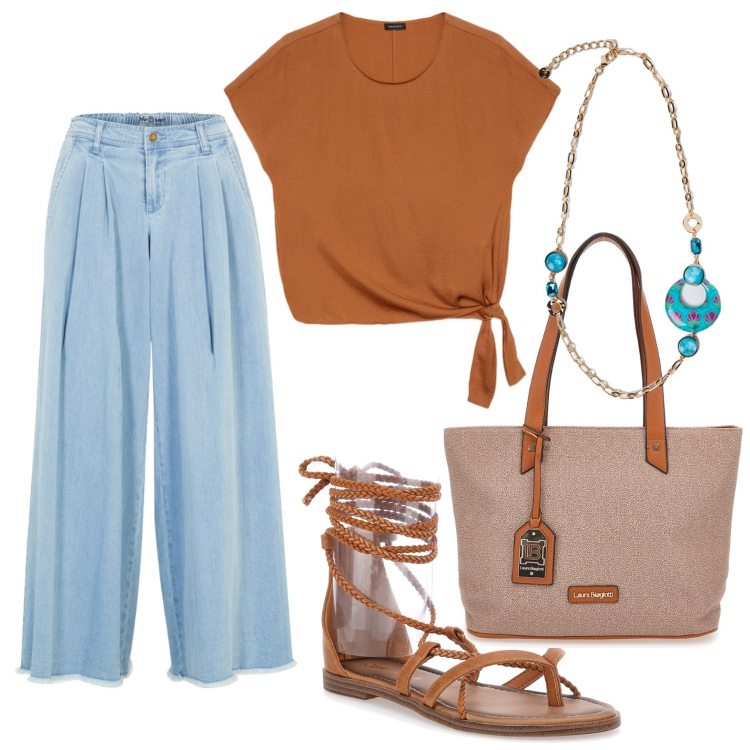 Outfit donna - Curvy - il pantalone leggero. Stile Boho per Tutti i giorni. look ideale per Petite. Abbinamento con gonne, bluse, ciondoli, sandali alla schiava, borse a spalla.