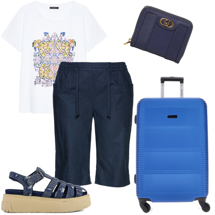 Outfit donna - Le bermuda in misto lino. Stile Boho per Tutti i giorni. Abbinamento con bermuda, sandali, t-shirt, valigie, portafogli.